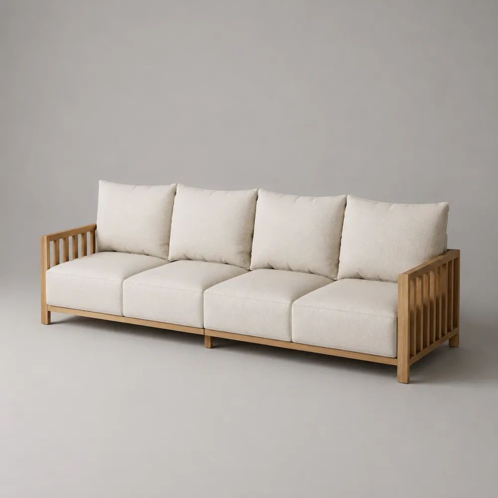 Gartenbank 4-Sitzer aus massivem Akazienholz mit 8 Kissen, Naturbraun/Cremeweiß, 246 × 80 × 78 cm