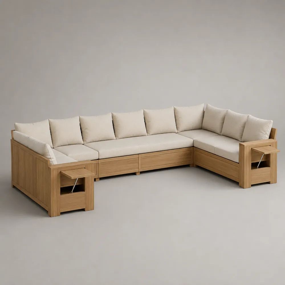Garten-Ecksofa-Set, 7-Sitzer, L-förmig, aus massivem Akazienholz mit Polyesterpolstern, Natur/Beige, 330 × 250 × 85 cm