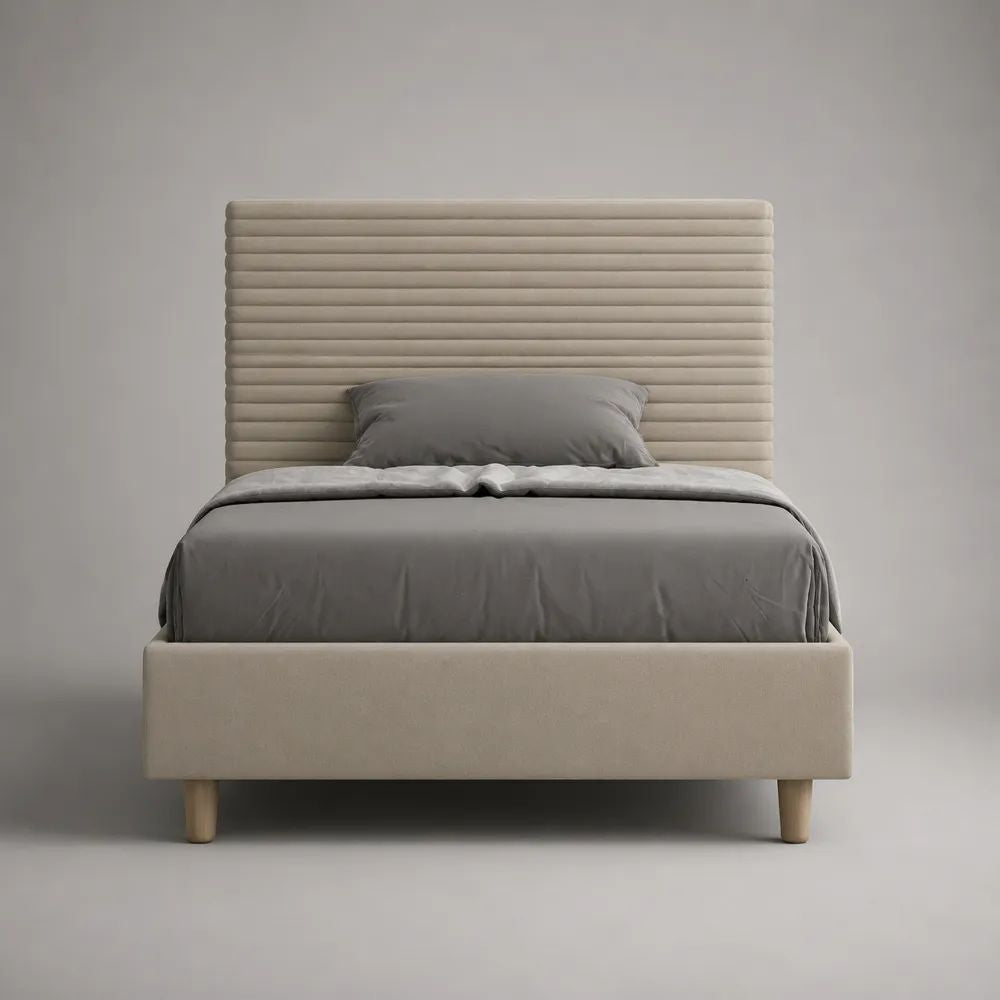 Polsterbett 140 × 200 cm mit Lattenrost, Stoffbezug und gepolstertem Kopfteil, Beige