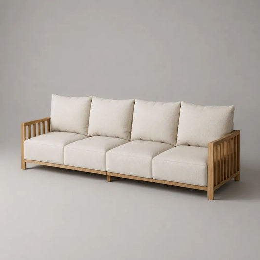 Gartenbank 4-Sitzer aus massivem Akazienholz mit 8 Kissen, Naturbraun/Cremeweiß, 246 × 80 × 78 cm