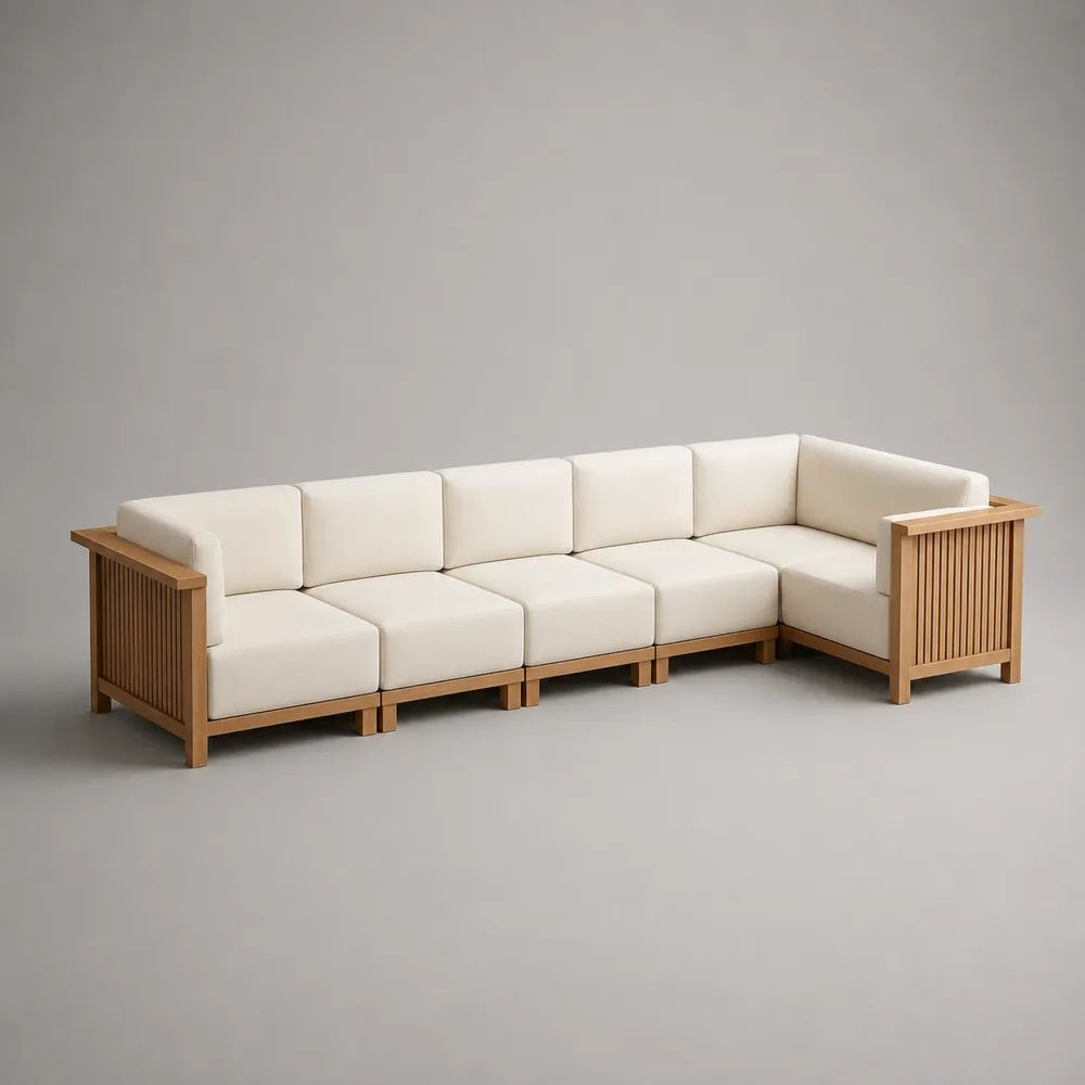 L-förmiges Gartensofa für 5 Personen aus Akazienmassivholz mit Polyesterpolstern, Cremeweiß/Naturbraun, 310 x 145 x 75 cm