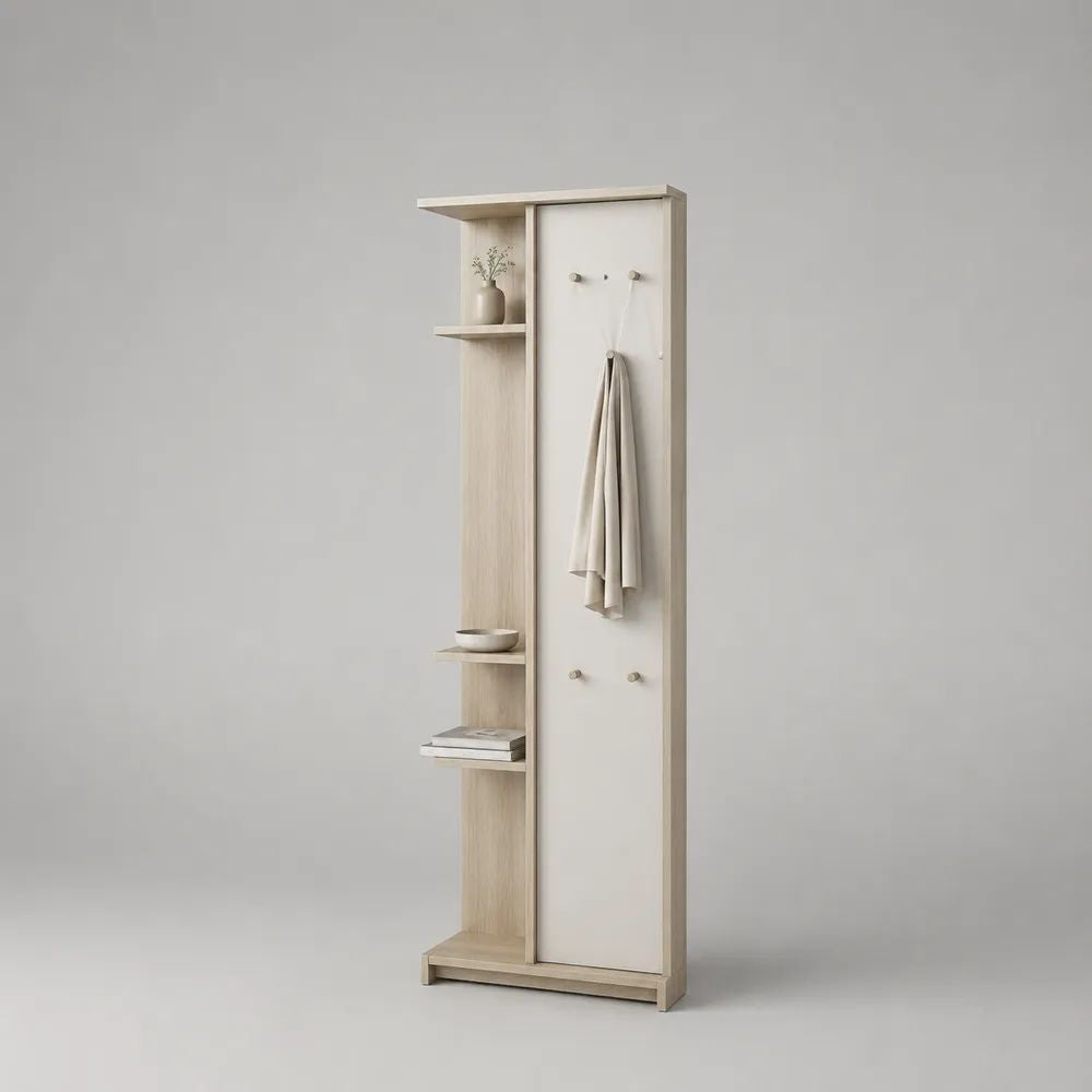 Schuhregal mit Garderobenpaneel, 5 Metallhaken und 3 Ablagen, Hellbeige/Weiß, 60 × 25 × 180 cm