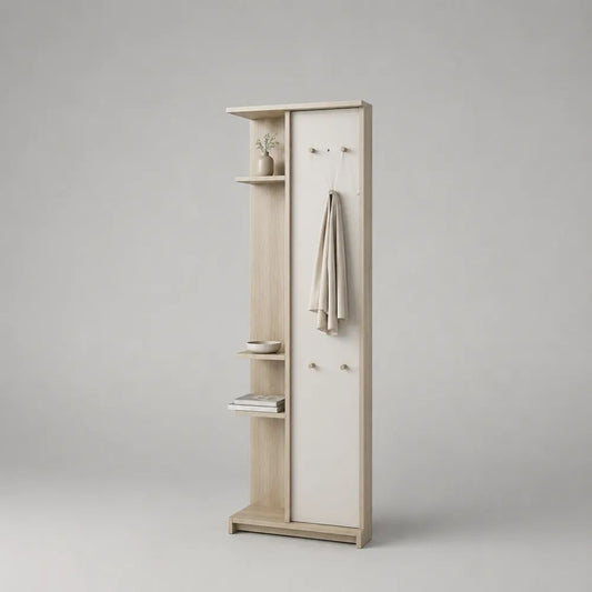 Schuhregal mit Garderobenpaneel, 5 Metallhaken und 3 Ablagen, Hellbeige/Weiß, 60 × 25 × 180 cm