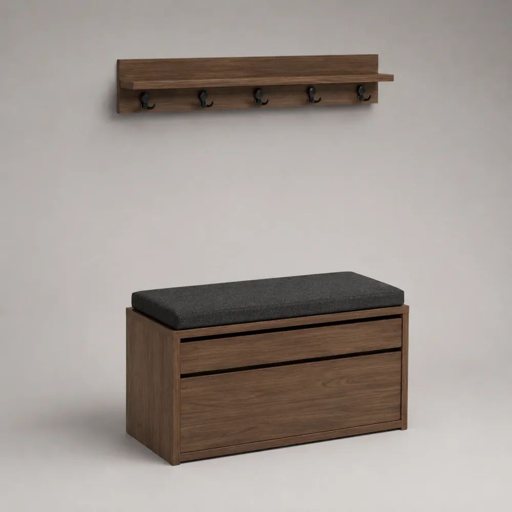 2-teiliges Schuhbank- und Wandgarderoben-Set aus MDF und Stahl mit Sitzkissen, Walnussbraun/Anthrazit/Schwarz, 80 × 30 × 50 cm und 80 × 20 × 18 cm