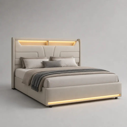 Polsterbett mit Bettkasten, Lattenrost und LED-Beleuchtung, Liegefläche 180 x 200 cm, Gesamtmaß 202 x 220 x 145 cm, Polyesterbezug, Beige