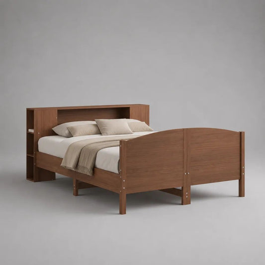Doppelbett-Bettgestell mit Regal-Kopfteil aus melaminbeschichteter Spanplatte, Braun, Liegefläche 140 × 200 cm, Gesamtmaß 220 × 148 × 110 cm