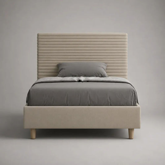 Polsterbett 140 × 200 cm mit Lattenrost, Stoffbezug und gepolstertem Kopfteil, Beige