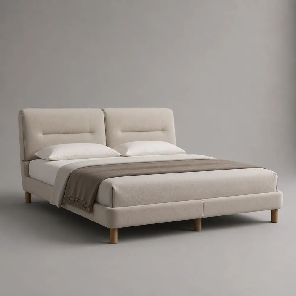 Polsterbett Doppelbett mit Lattenrost, Polyesterbezug und Kiefernholzrahmen, Creme/Naturholz, Liegefläche 160 x 200 cm, Außenmaß ca. 180 x 220 x 105 cm