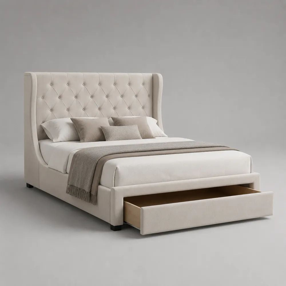 Polsterbett Doppelbett mit Schublade und Lattenrost, Stoffbezug, Creme, Liegefläche 160 x 200 cm, Gesamtmaß 176 x 222 x 132 cm