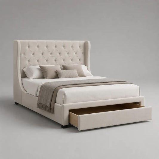 Polsterbett Doppelbett mit Schublade und Lattenrost, Stoffbezug, Creme, Liegefläche 160 x 200 cm, Gesamtmaß 176 x 222 x 132 cm