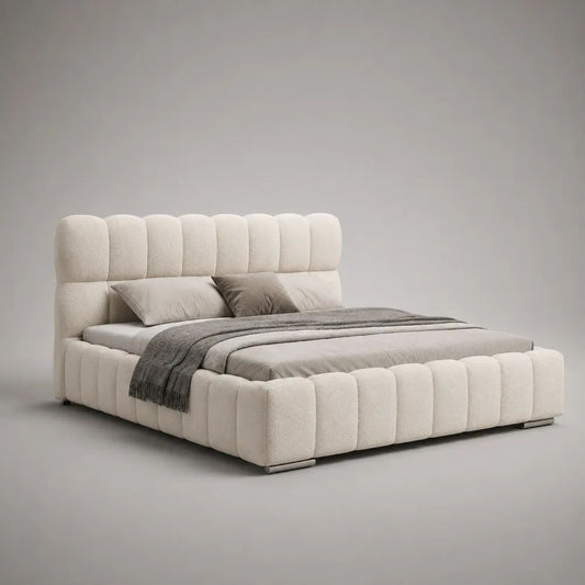 Stauraumbett 180 × 200 cm mit Lattenrost, gepolstertes Bouclé-Bett in Creme, Gesamtmaß 223 × 204 × 120 cm