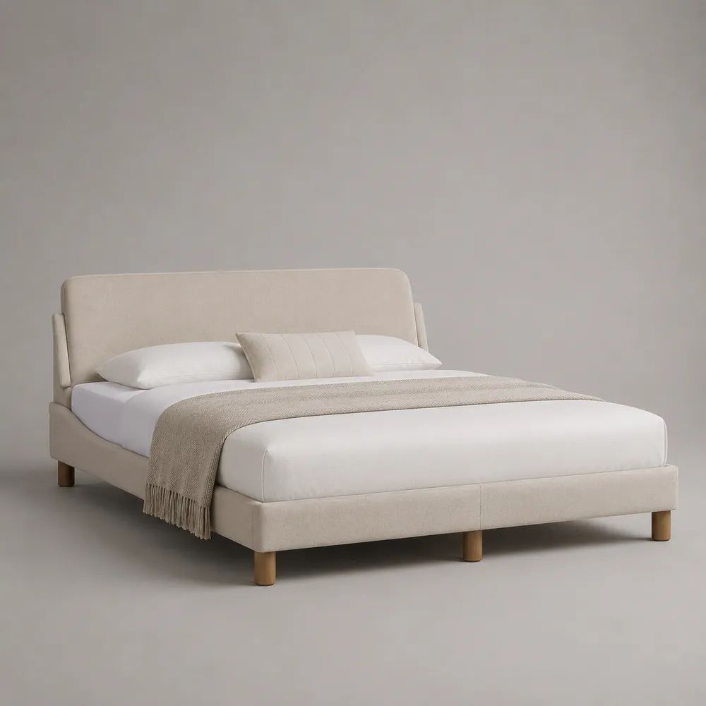 Polsterbett Doppelbett mit Kopfteil und Lattenrost, Liegefläche 180 × 200 cm, Gesamtmaß 220 × 194 × 105 cm, Polyester und Massivholz, Creme/Natur