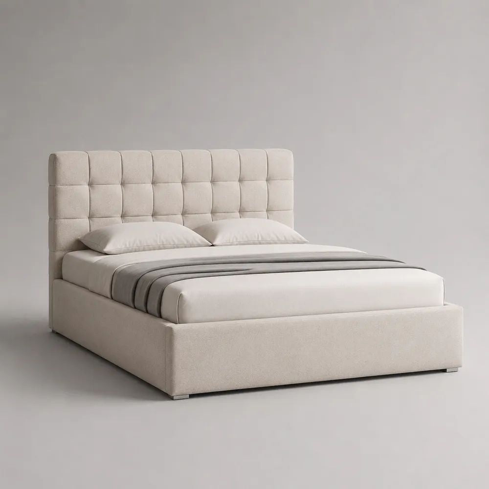 Polsterbett Doppelbett mit Bouclébezug, gepolstertem Kopfteil und Lattenrost, Creme/Silber, 160 × 200 cm
