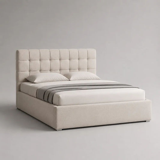 Polsterbett Doppelbett mit Bouclébezug, gepolstertem Kopfteil und Lattenrost, Creme/Silber, 160 × 200 cm