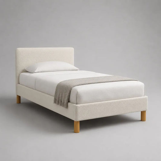Polsterbett Einzelbett 90 × 200 cm, Gesamtmaß 214 × 102 × 105 cm, Cremeweiß/Natur, mit Kopfteil, Lattenrost und Massivholzbeinen