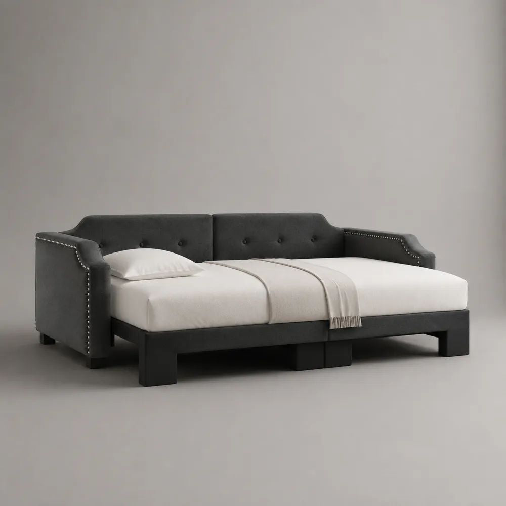 Tagesbett Doppelbett aus Holz und Metall mit Samtbezug, Liegefläche 180 × 200 cm, Gesamtmaß 220 × 190 × 87 cm, Dunkelgrau/Schwarz