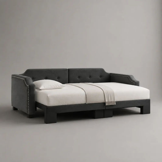 Tagesbett Doppelbett aus Holz und Metall mit Samtbezug, Liegefläche 180 × 200 cm, Gesamtmaß 220 × 190 × 87 cm, Dunkelgrau/Schwarz