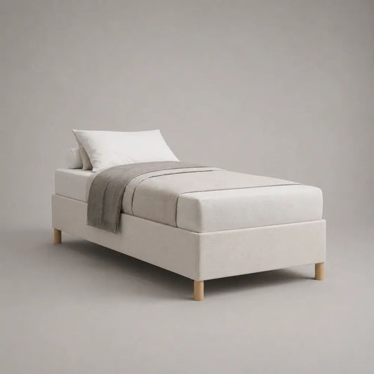 Polsterbett Einzelbett mit Polyesterbezug und Massivholzfüßen, Creme/Naturfarben, Liegefläche 90 x 200 cm, Gesamtmaß 98 x 208 x 62 cm