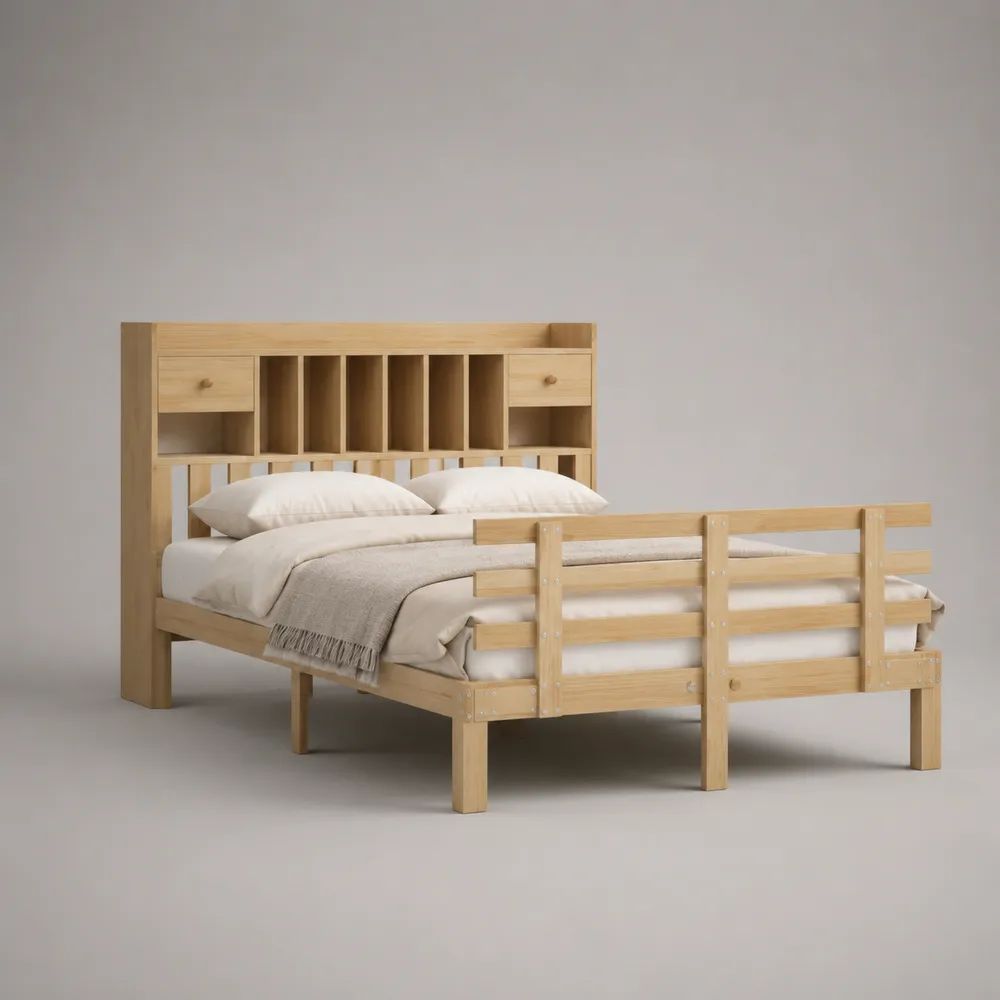 Doppelbett mit Stauraumkopfteil, Seitenschutz und Lattenrost aus massivem Kiefernholz, Natur, 140 x 200 cm