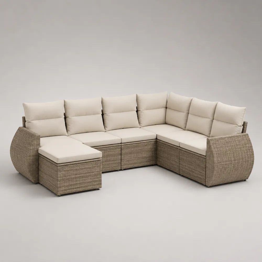 7-teiliges Gartenlounge-Set aus PE-Rattan und Stahl, U-Form, Taupe/Beige, 280 x 220 x 85 cm